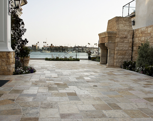 Antique Limestone Floors the Biblical Stone Selection in a Lido Isle Outdoor Custom Deck with Fireplace